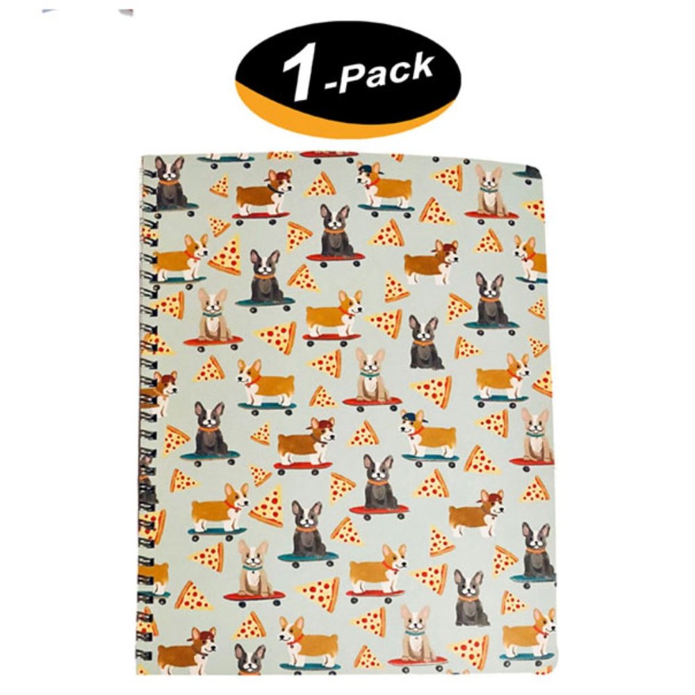 (1 PK) Molly & Rex Spiral Notebook, Dog & Pizza Pattern, College Ruled w/ Folder